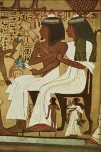 Mural Egipcio antiguo representando una pareja de hombre y mujer
